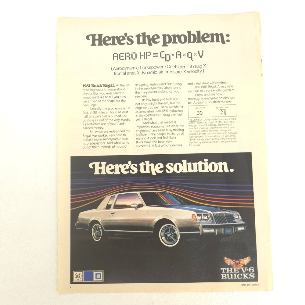 1981 Buick Regal Print Ad V6 Aerodynamic Car Advertising VTG Garage Wall Decor